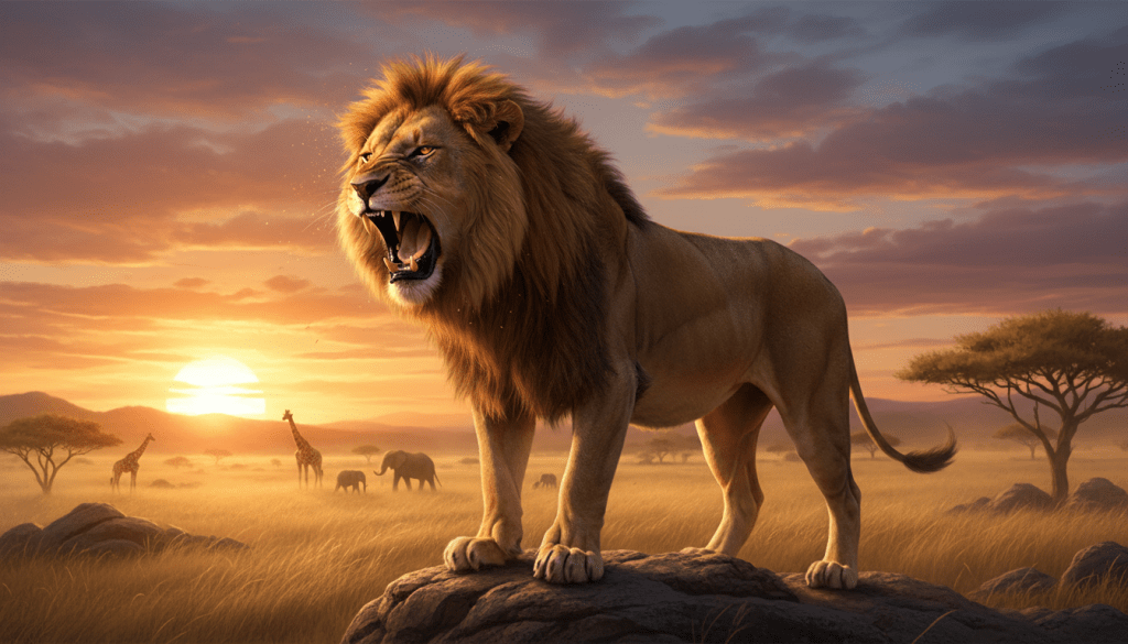 Male lion roaring on a rock in the African savanna at sunset.