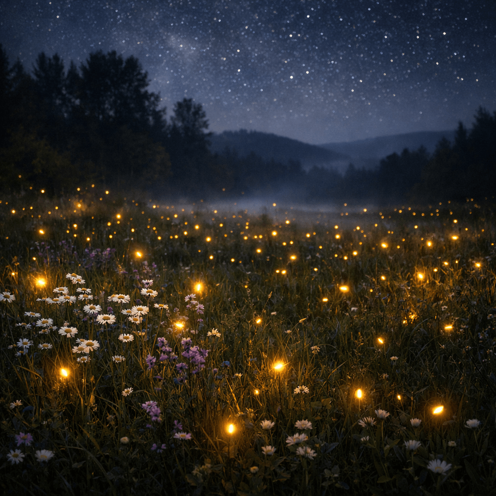 Nighttime meadow with glowing fireflies among white and purple wildflowers under stars