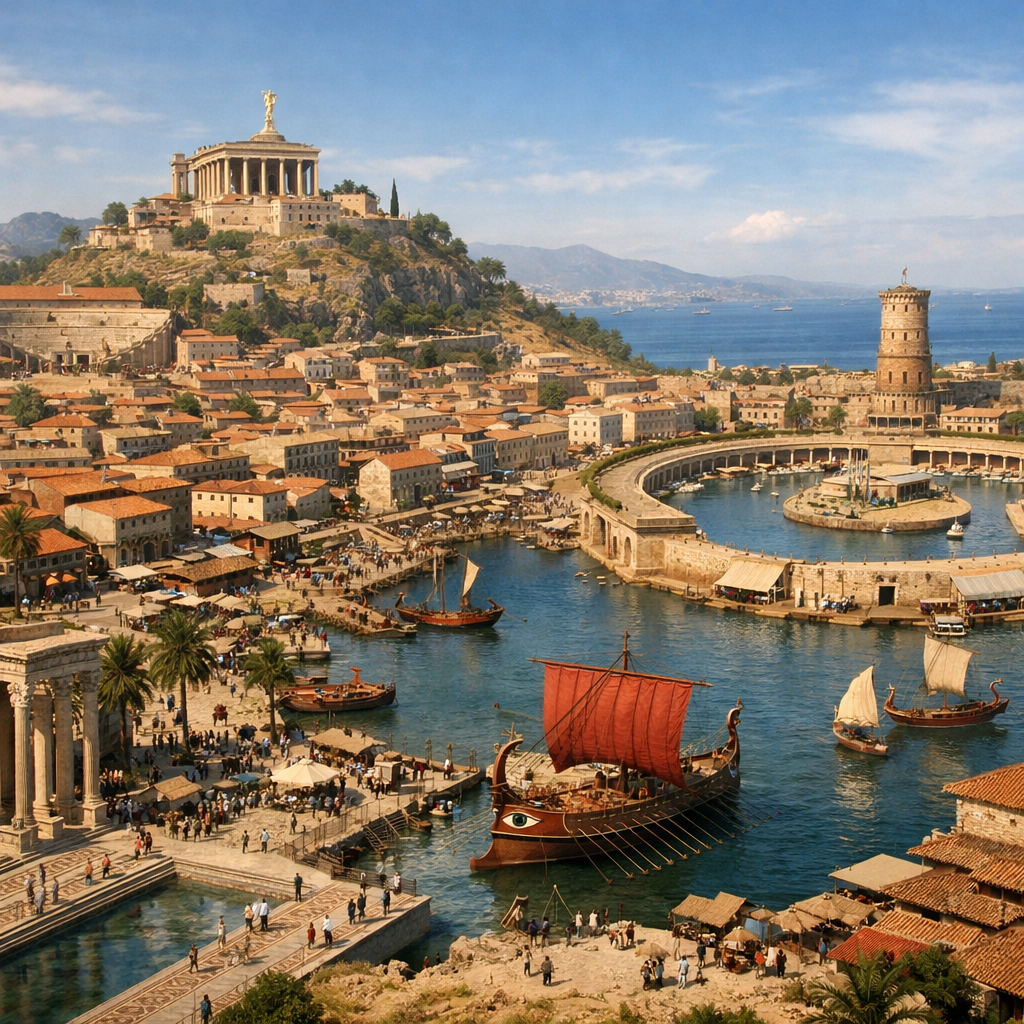 Ancient coastal city with circular harbor, stone buildings, and ships with sails in water