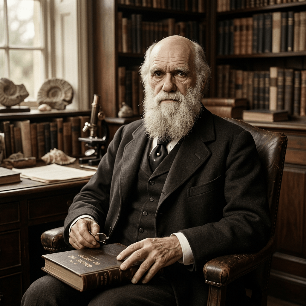 Elderly man with white beard holding a book in a library with fossils and microscope
