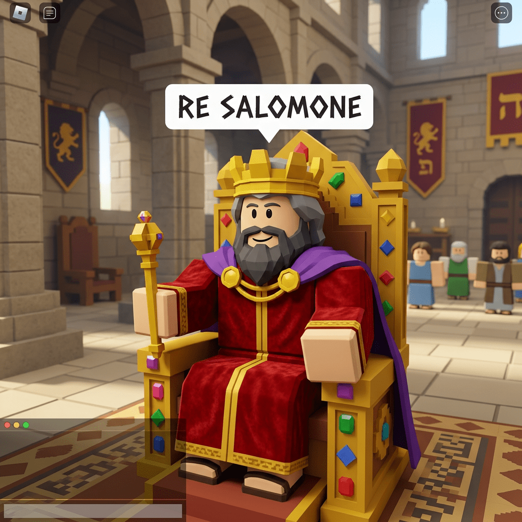 Lego model of King Solomon sitting on a jeweled golden throne with a royal robe and crown