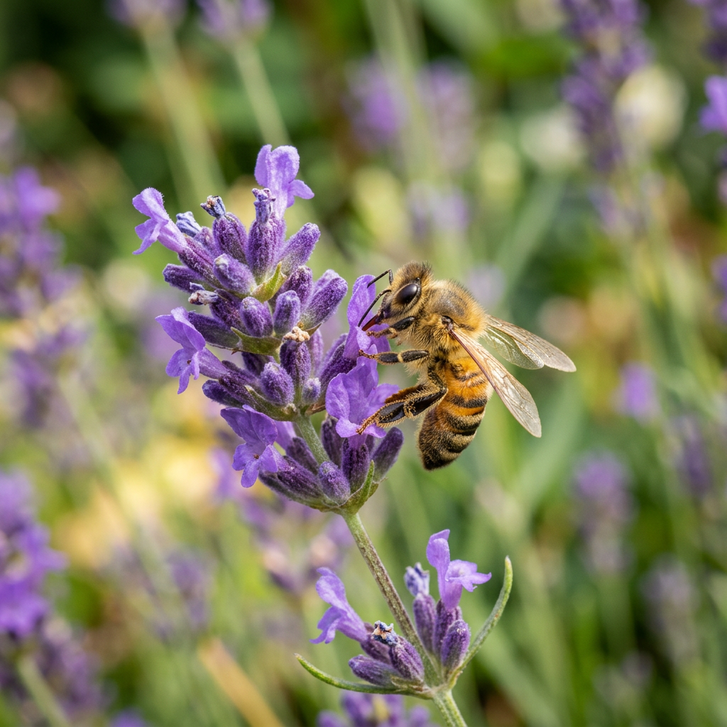 Honeybee perched on purple lavender flower gathering nectar
