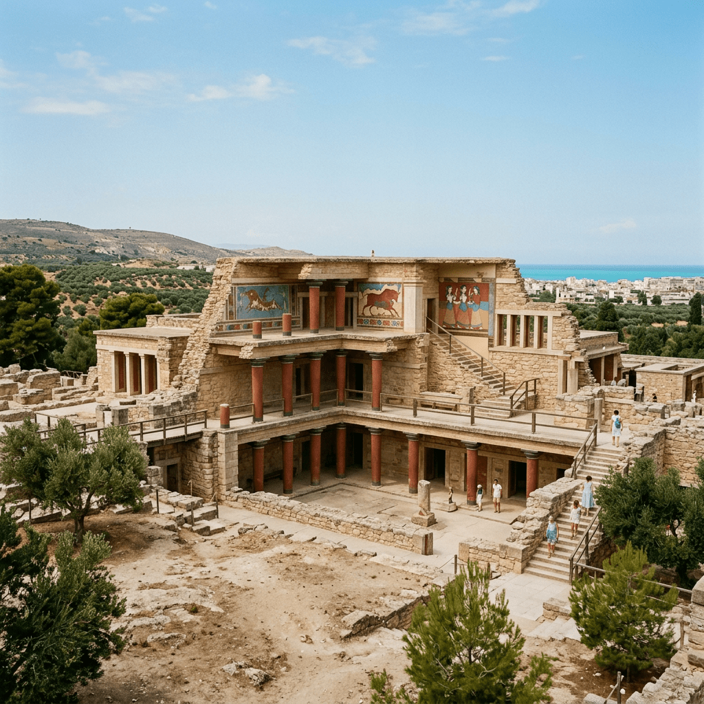 The Palace of Knossos ruins with red columns and colorful frescoes depicting bulls and dancers