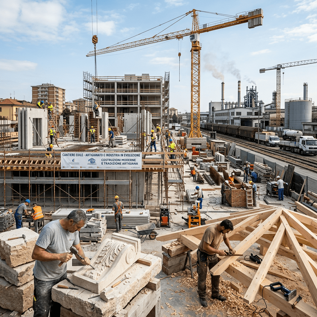 Construction site with workers carving stone and shaping wood, assembling concrete structures, cranes, and industrial smokestacks in background