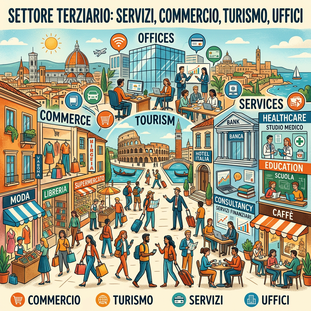 Illustration of Italy's tertiary sector including commerce, tourism, services, and offices